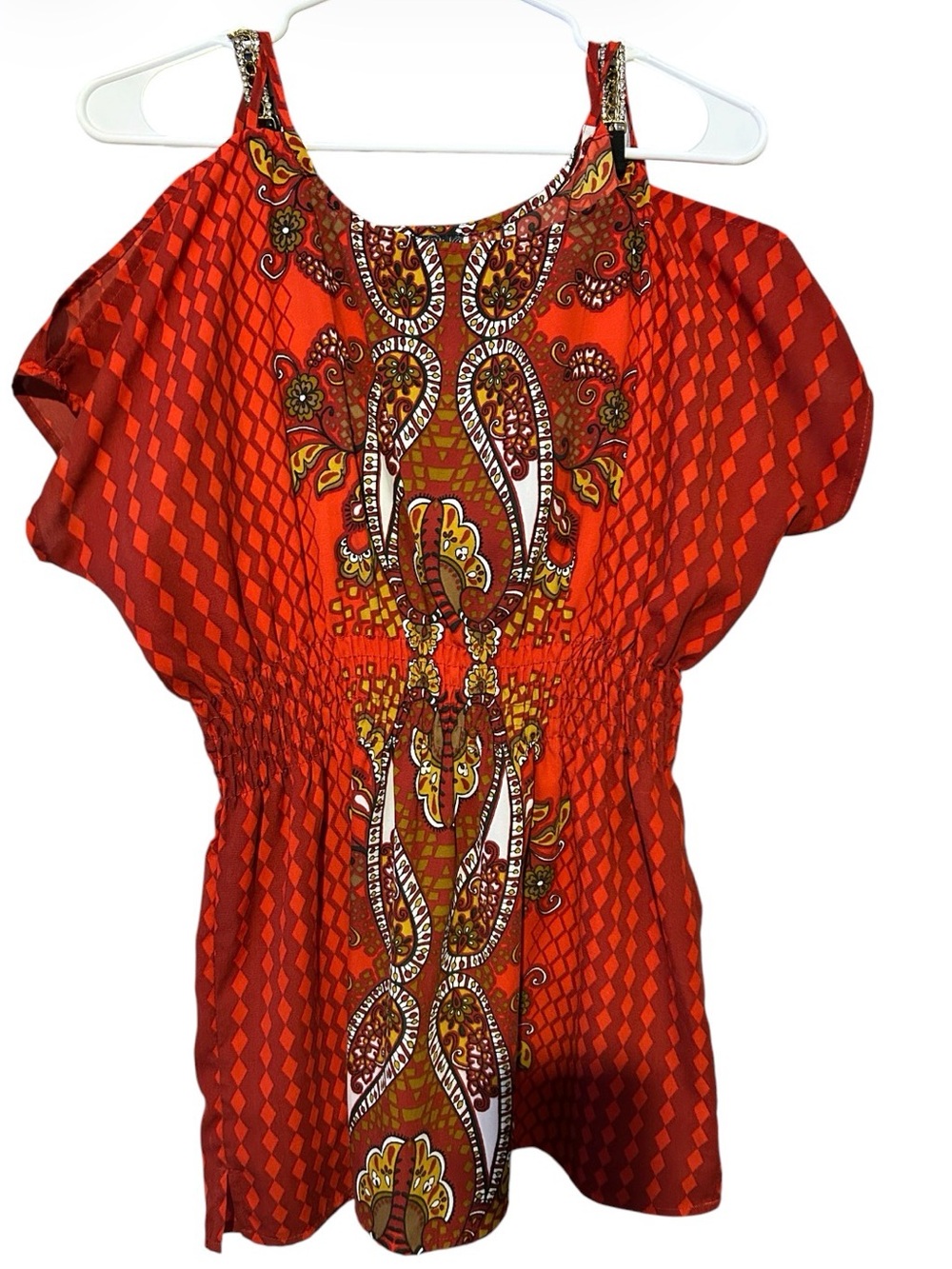 Takara Red Paisley Cold-Shoulder Tunic Top